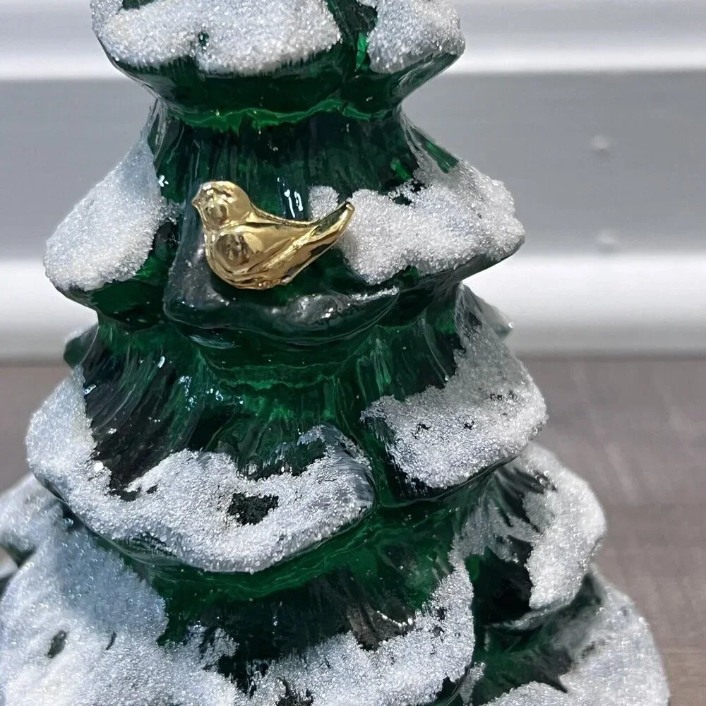 Fenton Art Glass Christmas Tree Figurine Green Frosted Gold Bird Set Of 3 VTG - Picture 7 of 14